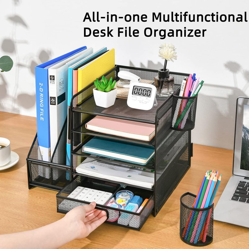 5-Tier Desktop File Organizer with Drawer and Pen Holders - Office & Home Storage