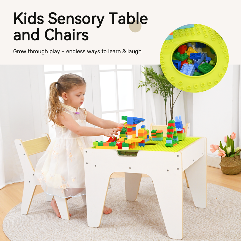 Kids Reversible Wooden Activity Table & Chair Set with Storage and Building Blocks