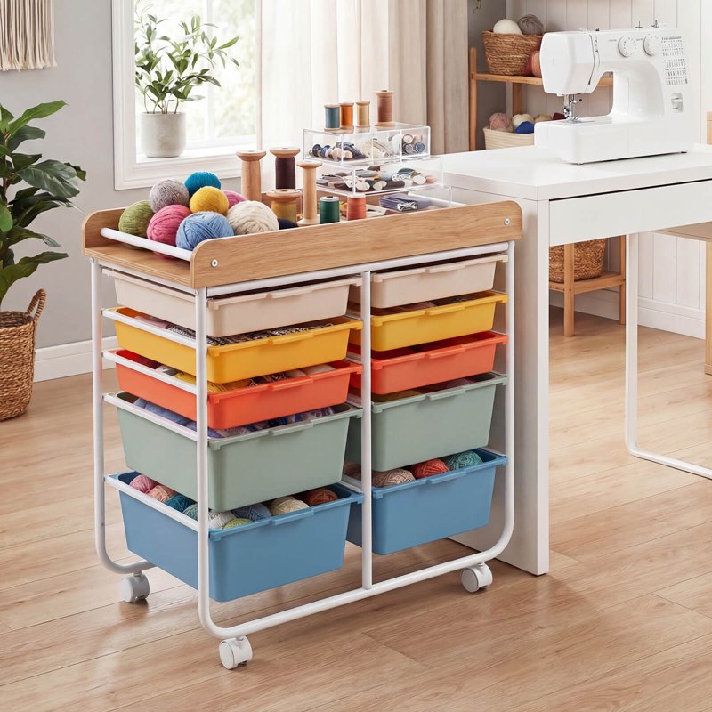 10-Drawer Rolling Storage Cart with Wooden Top and Lockable Wheels - Art & Craft Organizer