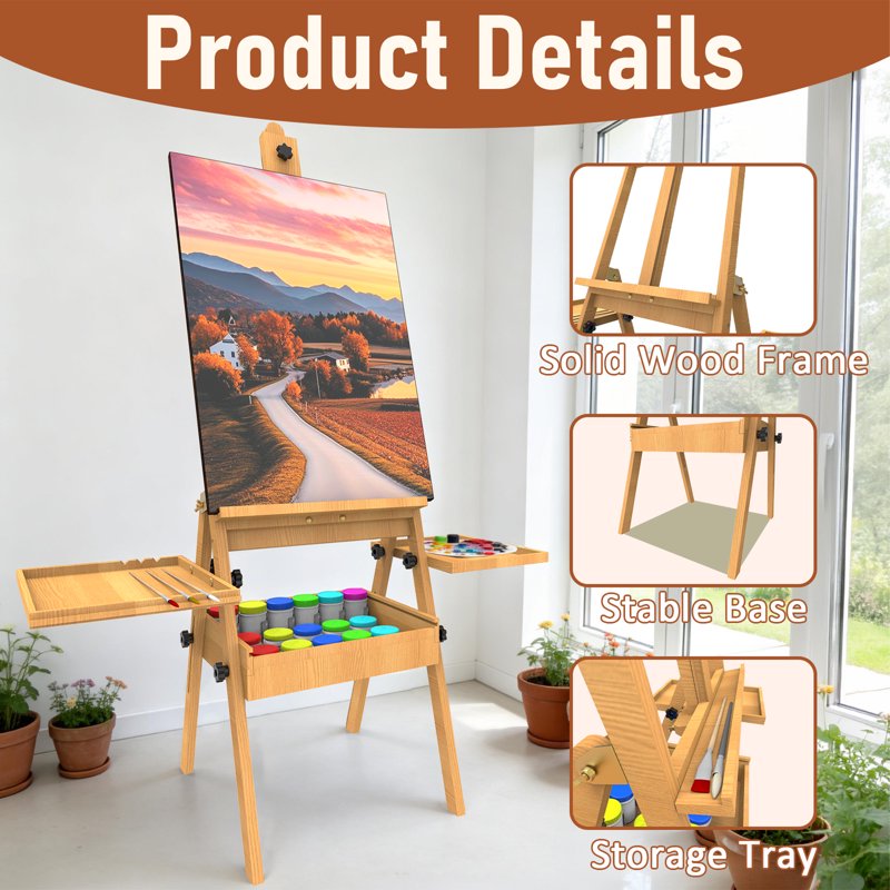 Wooden Art Easel for Painting with Adjustable Height and Storage Drawer - Natural Style