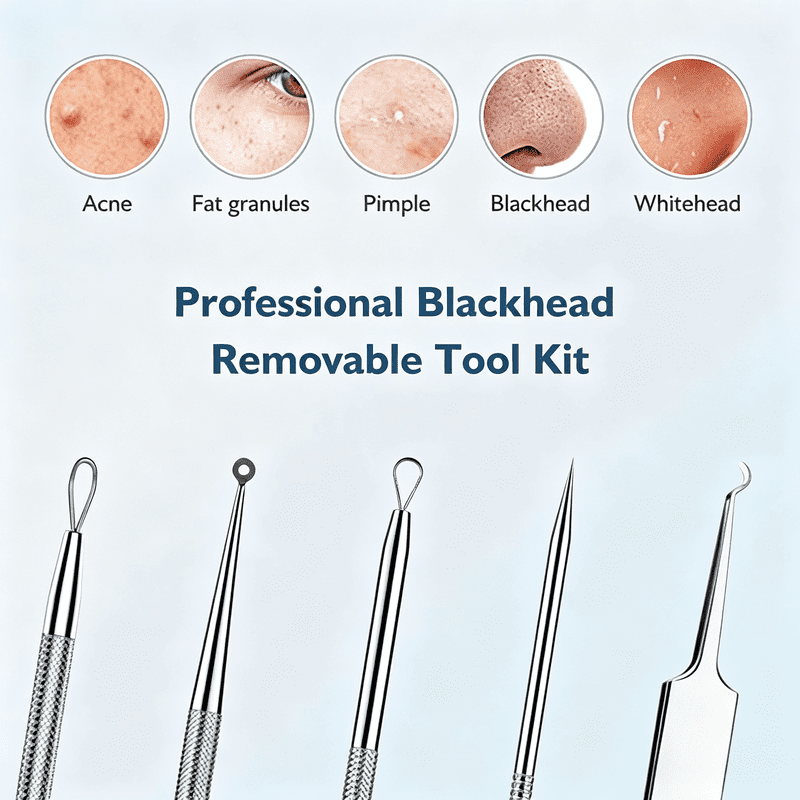 9-in-1 Blackhead Remover Tool Kit with Diagonal Tweezers - Stainless Steel