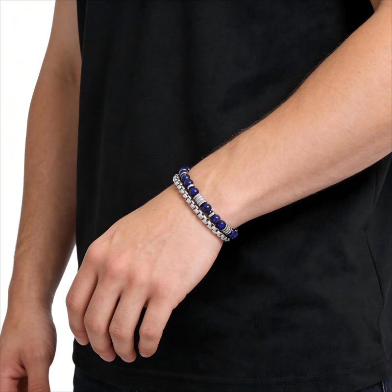 Men's Lapis Lazuli Bead Chain Bracelet - Stainless Steel, Blue Stone Jewelry