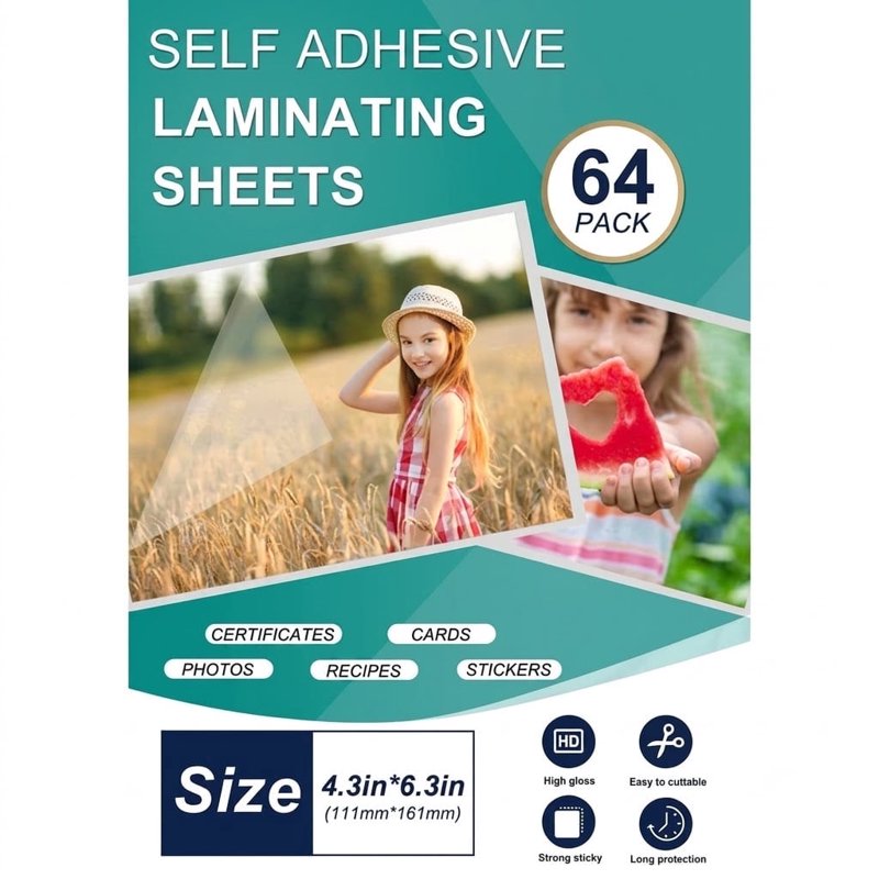 Self-Adhesive Laminating Sheets 4.3x6.4 inches Waterproof & Scratch Resistant - Pack of 64