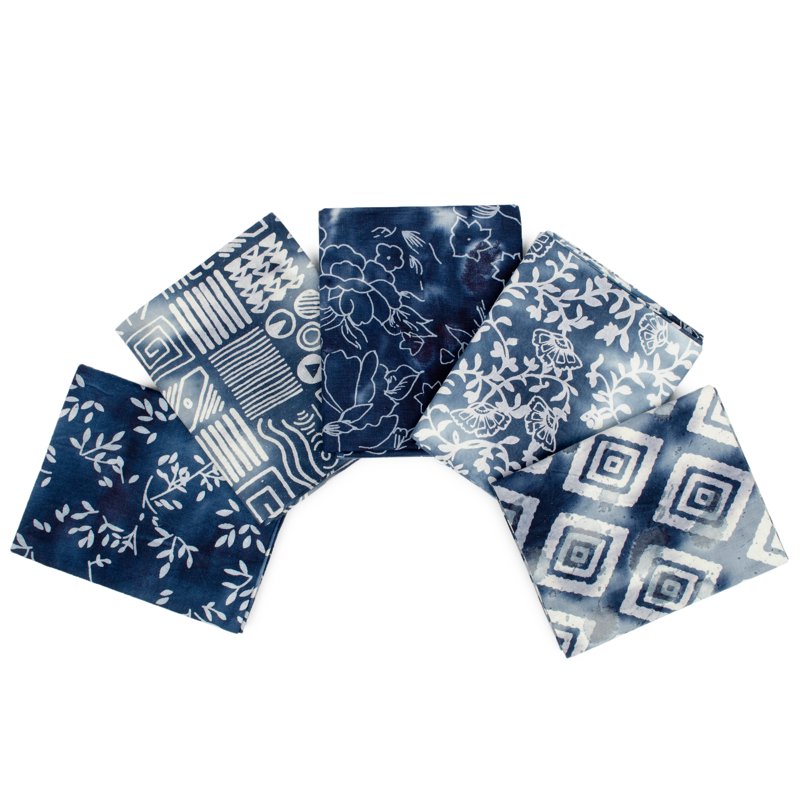 Precut Blue Cotton Batik Fabric Bundle - 18x21 Inches, 5 Pieces