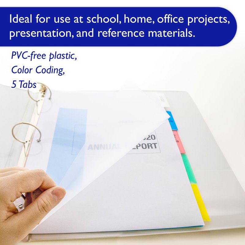 Binder Dividers with 5 Insertable Color Tabs for Organizing - 3-Ring Compatible