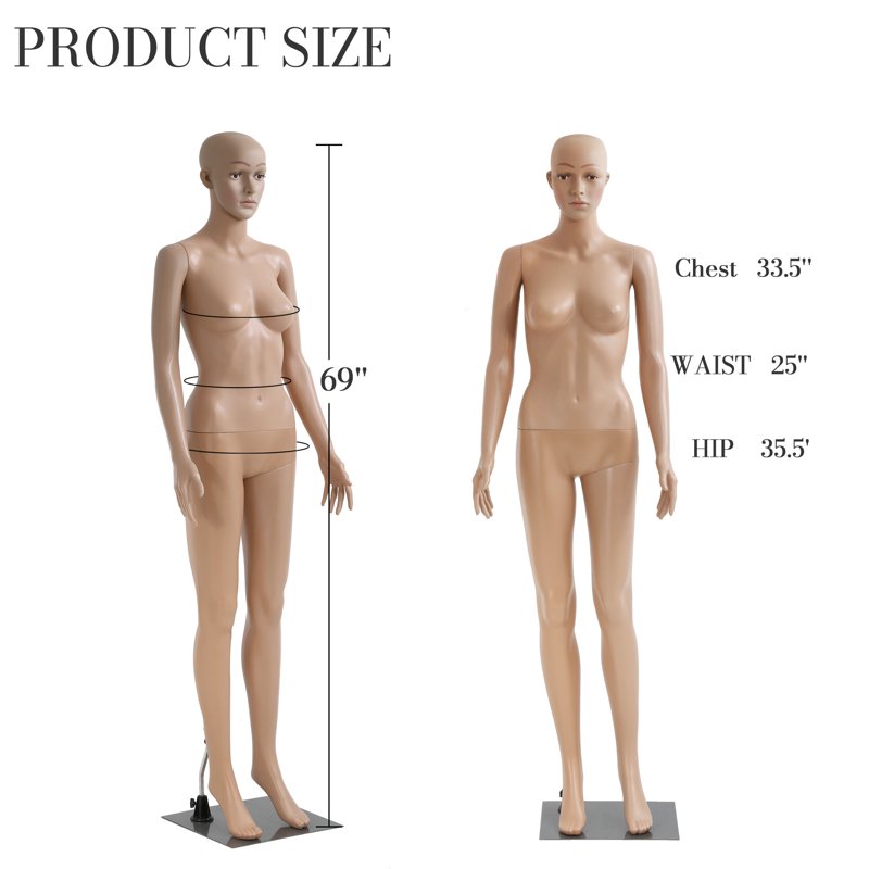 Full Body Female Mannequin with Adjustable Rotating Head and Arms - 69 Inch Dress Form for Fashion Display