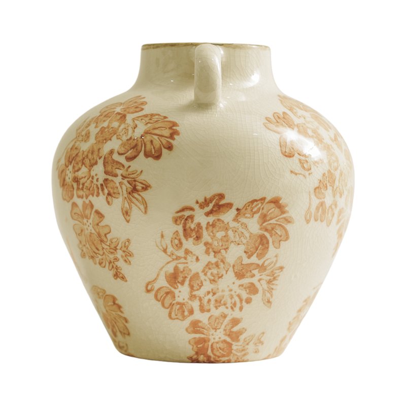 Vintage Floral Ceramic Tabletop Vase with Dual Handles - White & Yellow, 6.5 Inches