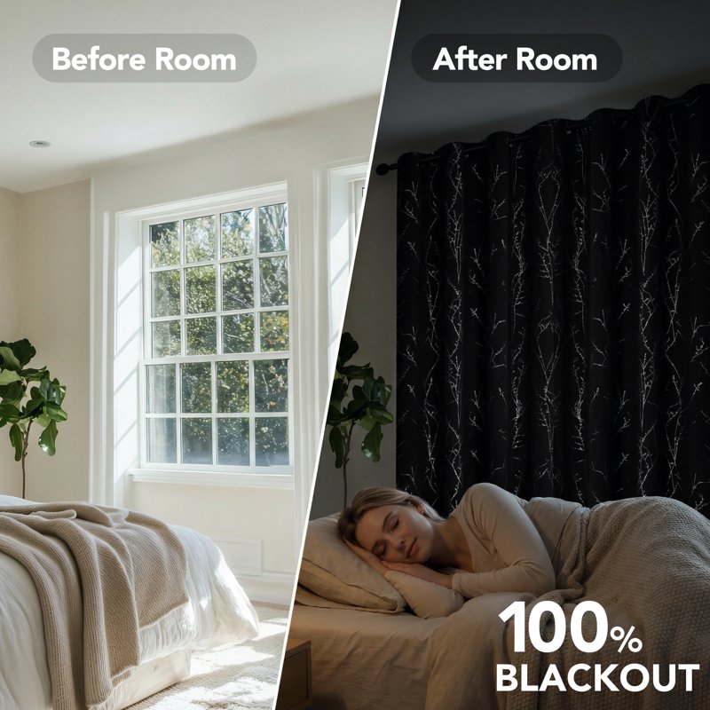 Blackout Thermal Insulated Curtains - Room Darkening Drapes with Tree Branch Pattern