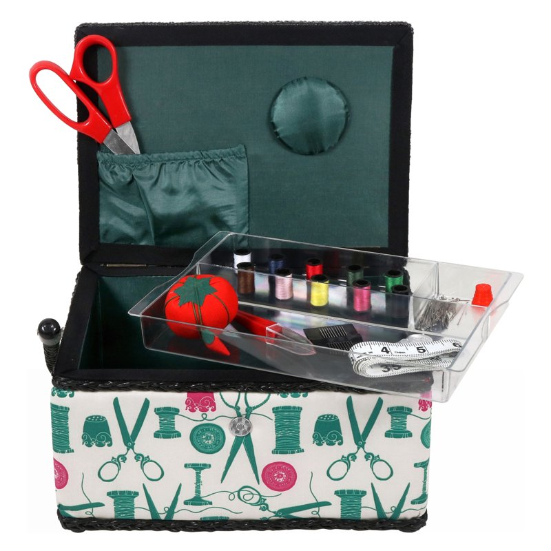 Large Vintage Sewing Basket Kit with 127 Notions - Storage & Organizer