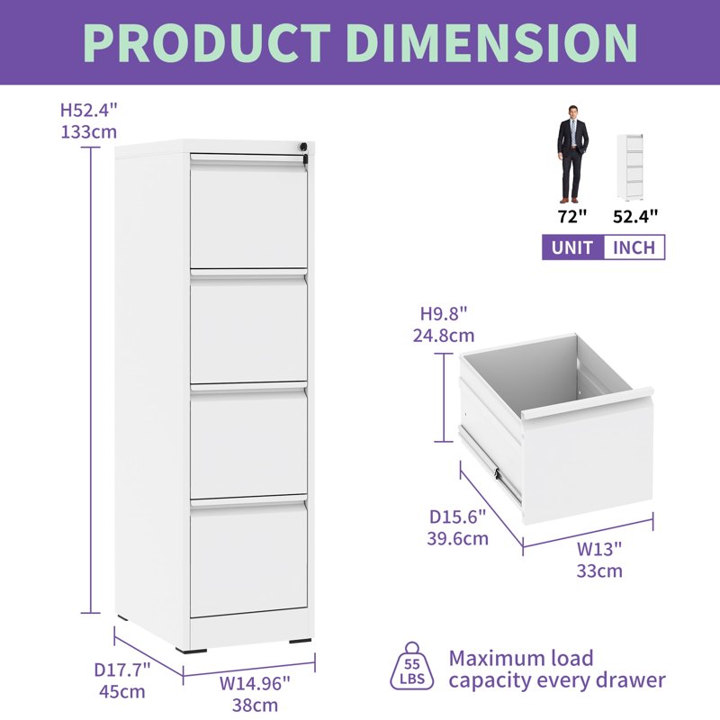 4-Drawer Metal Vertical File Cabinet with Lock for Office & Home Steel Storage