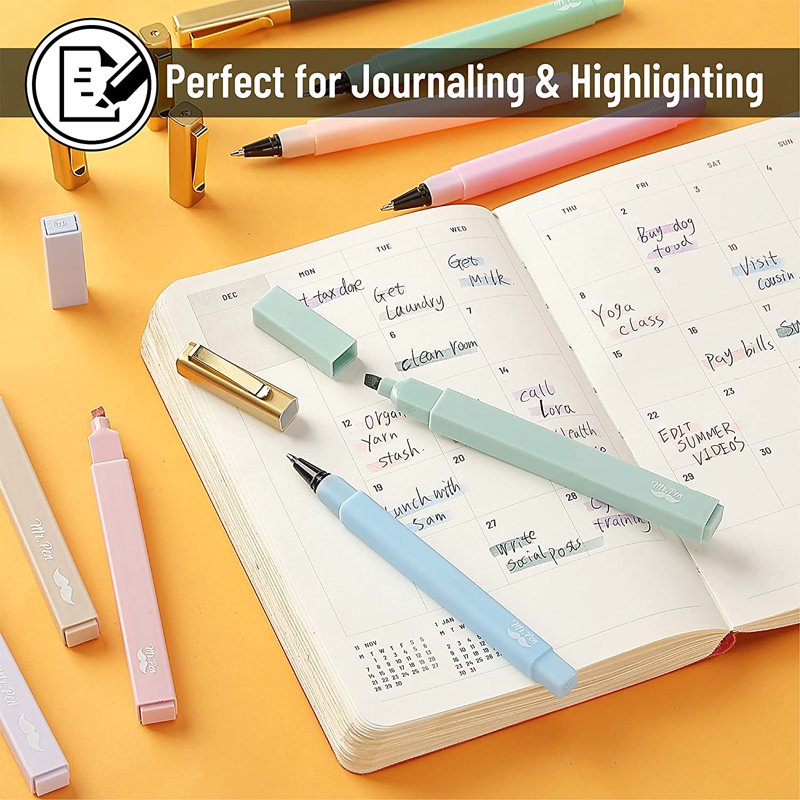 Pastel Highlighters & Black Ballpoint Pens Set, 12 Pack (Multicolor Variation)
