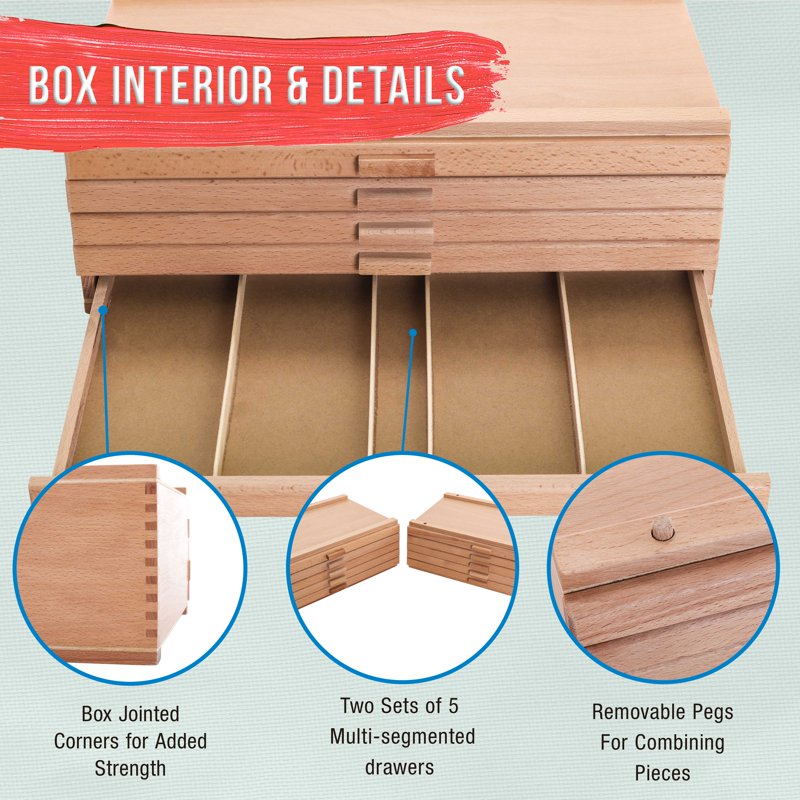 Art Supply Storage Box with 10 Stackable Elm Hardwood Drawers for Pastels Pens & Pencils