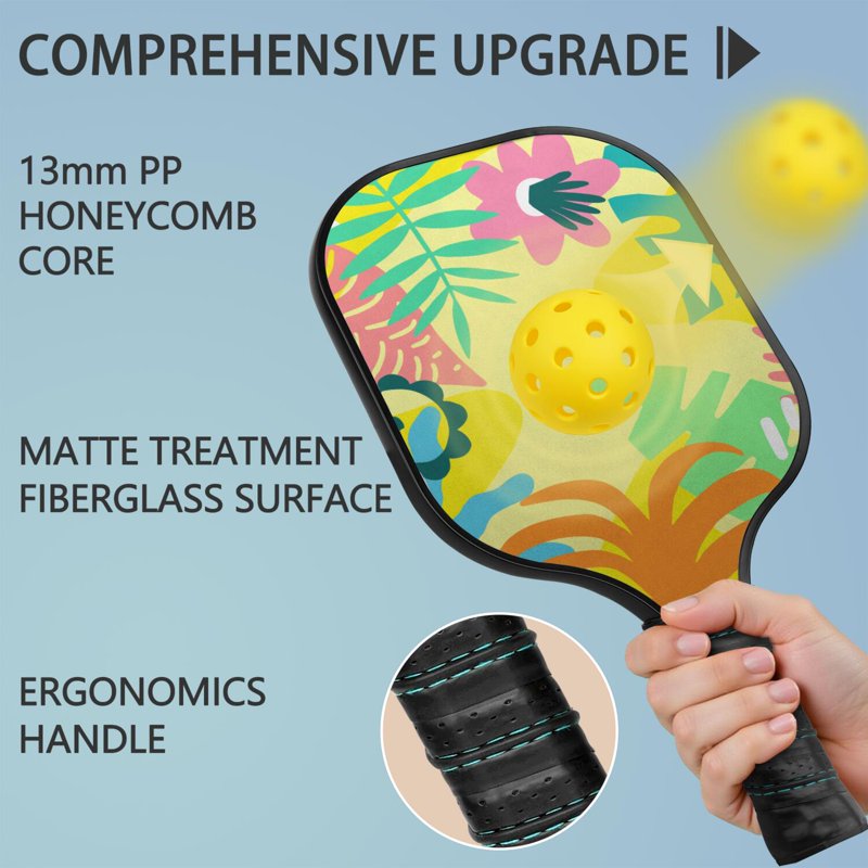 Tropical Leaf Pickleball Paddle Set (1 Paddle, 2 Balls, Bag) - Fiberglass Surface, Black-3