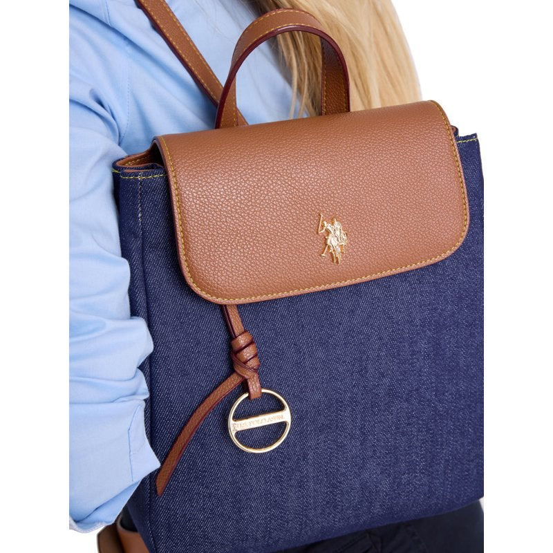 Women's Denim Backpack with Signature Logo - Adjustable Shoulder Straps