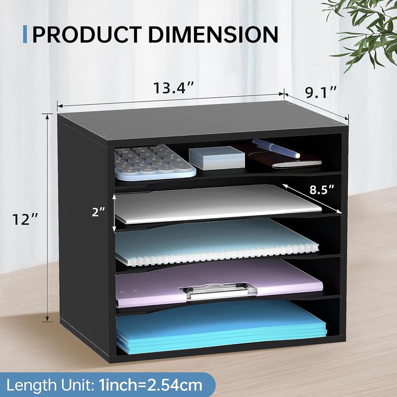 5-Tier Wood Desktop Letter Organizer with Adjustable Trays - Office & Home Storage