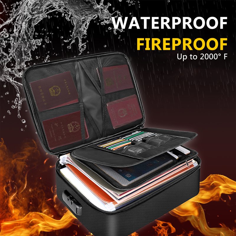 Fireproof Document Organizer Bag with Lock and Water-Resistant Zipper – Large 3-Layer Travel Safe for Files, Laptop, Certificates