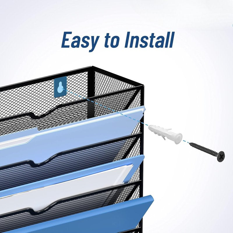 Metal Wall File Organizer 6-Tier Hanging Paper Storage with Hooks