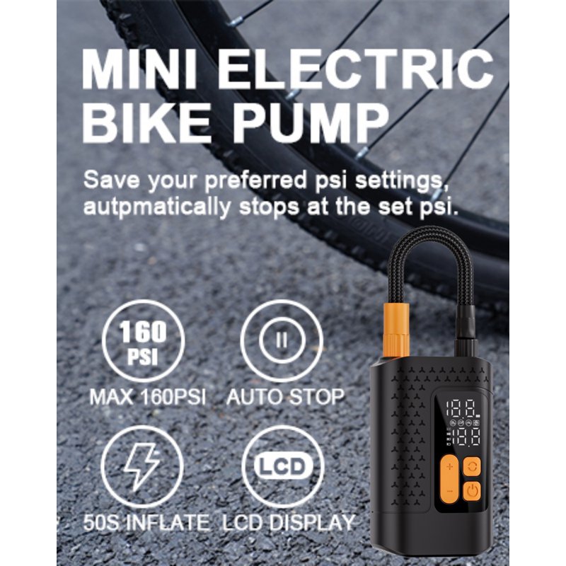 Electric Bike Pump 160PSI Portable Bicycle Pump with Gauge & Adapters