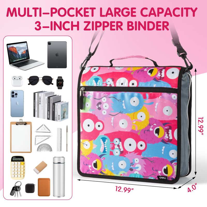 3-Inch Zipper Binder with 700 Sheet Capacity Waterproof Organizer with Pockets & Carrying Strap