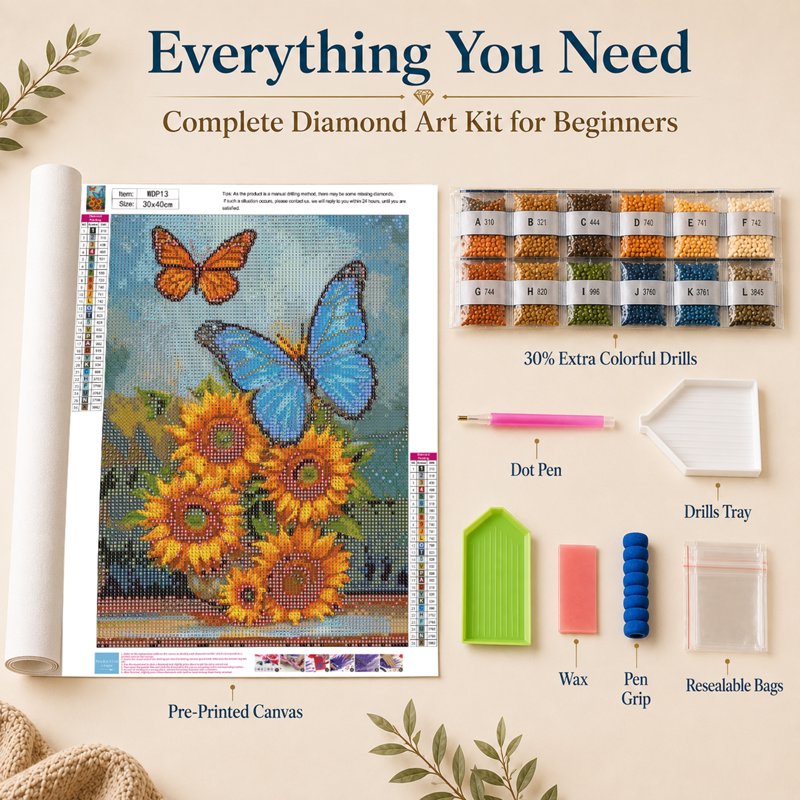 Sunflower and Butterfly Diamond Painting Kit for Adults - Full Round Drill DIY Wall Art