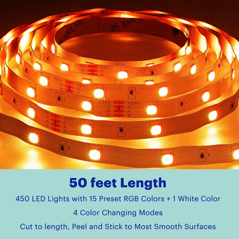 Multicolor LED Light Strip with Remote Control 50 Feet - RGB Color Changing, Cuttable & Sticky