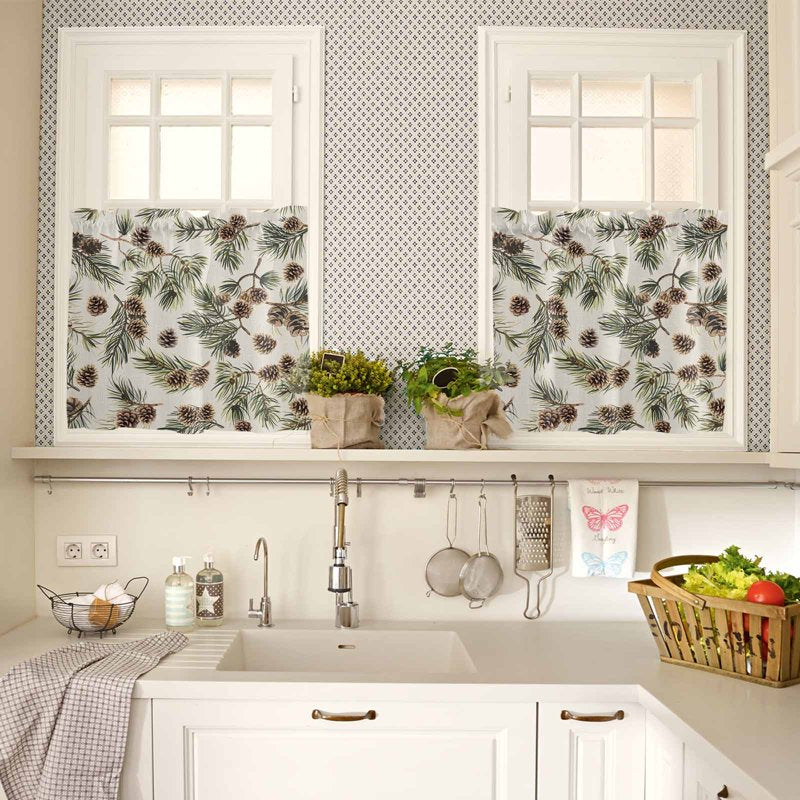 Kitchen Window Curtains Set Valance and Tier Panels with Green Leaves Pattern