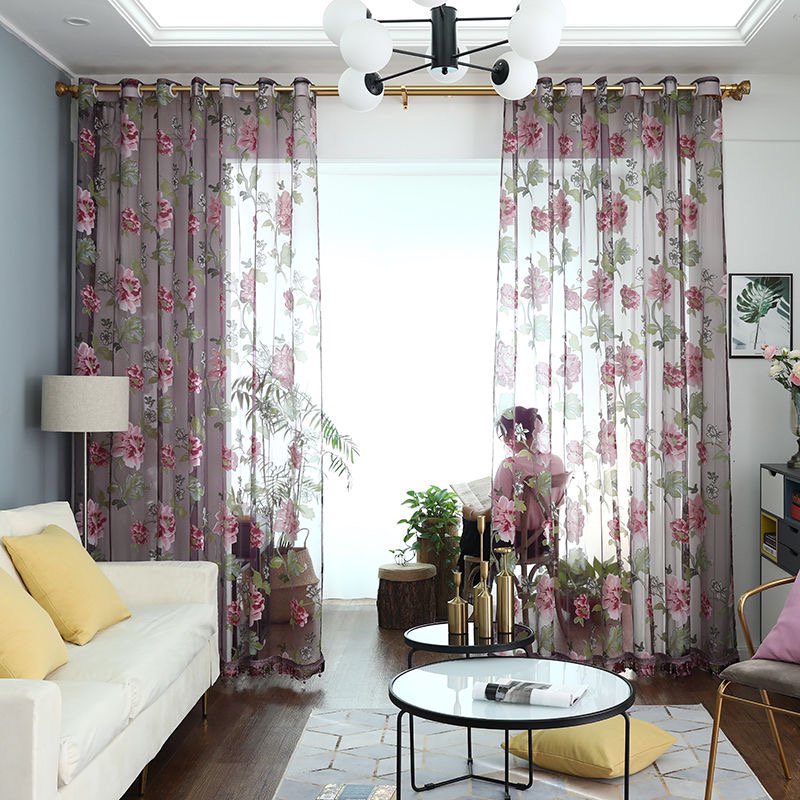 Sheer Floral Curtains 96 Inch Length - Purple & Pink Window Drapes