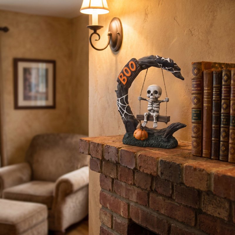 Halloween Skeleton Figurine with Crescent Tree Frame and Pumpkins - Spooky Desktop Decor