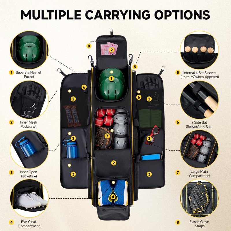 Large Rolling Baseball & Softball Equipment Bag with Wheels, 100L Capacity, Multiple Compartments & Hooks