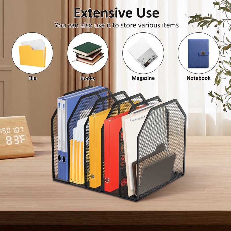 Adjustable Metal Mesh Desktop File Organizer with 5 Compartments - Office & Classroom Storage