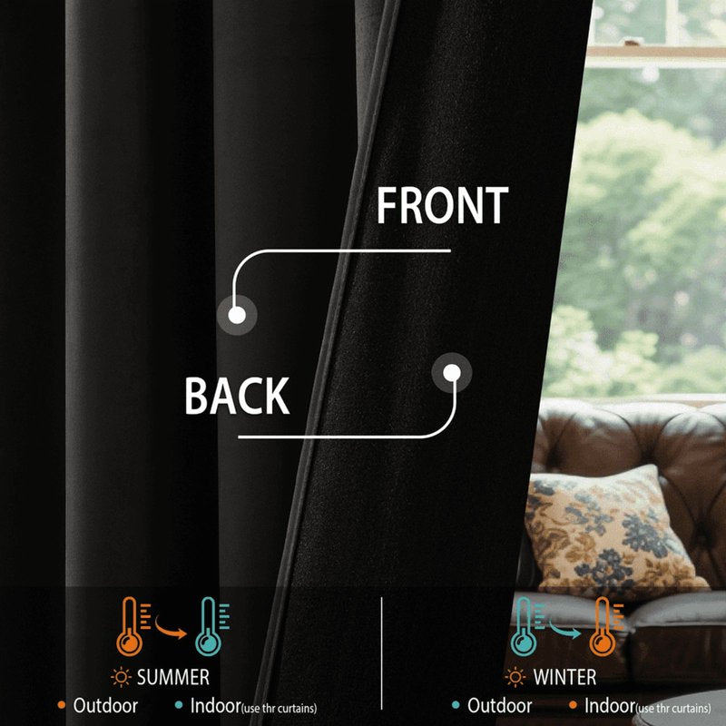 Black Velvet Curtains for Living Room - Thermal Insulated Light Blocking Drapes 52x96