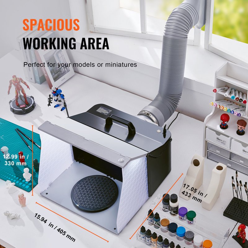 Portable Airbrush Spray Booth Kit with LED Lights, Dual Exhaust Fans, Turntable & Extension Hose for Model Painting