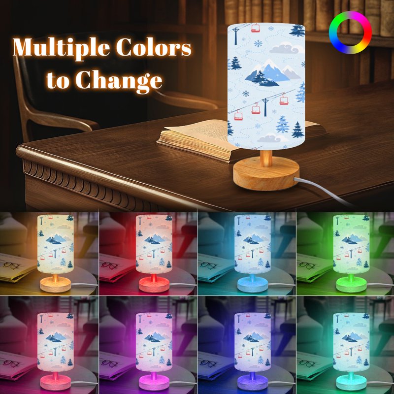 16-Color Dimmable Table Lamp with Wooden Base & Fabric Shade for Bedroom Nursery