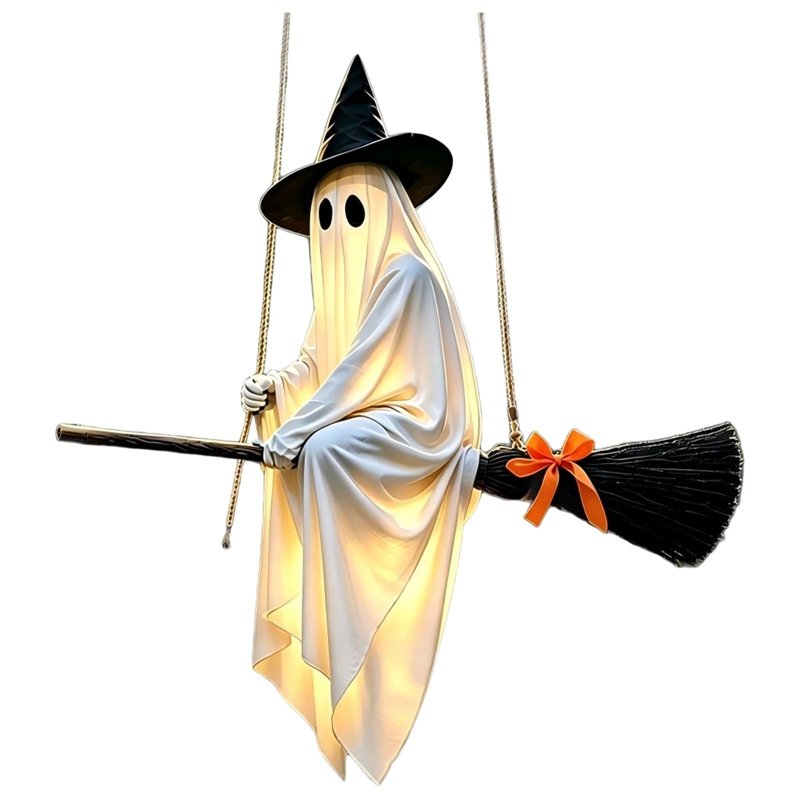 Lighted Flying Ghost Halloween Decoration for Outdoor & Indoor Use - 5 Ft Spooky Ghost with Witch Hat & Broomstick