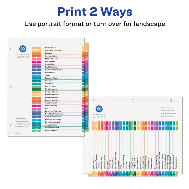Multicolor Tab Dividers for 3-Ring Binders, Customizable Table of Contents Set