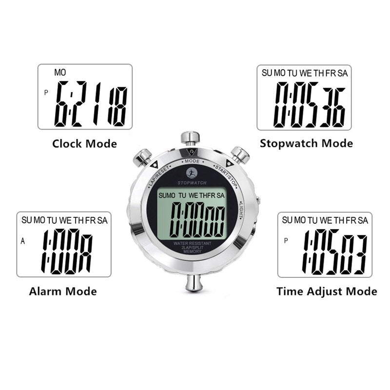 Waterproof Sports Stopwatch with Lap Memory, Timer & Alarm - Metal Case