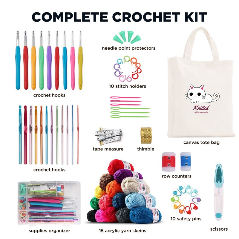 Beginner Crochet Kit Set with 21 Ergonomic Hooks, 15 Colorful Yarn Skeins, Storage Bag