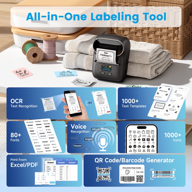 Portable Bluetooth Label Maker with Tape - Thermal Printer for Small Business and Home Organization