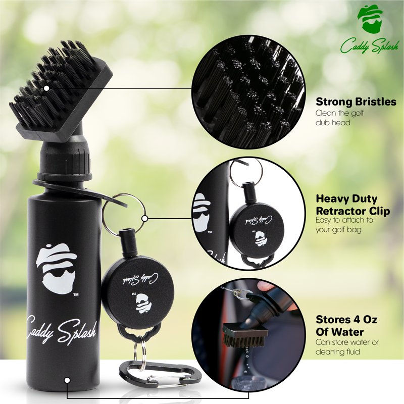 Golf Club Brush Cleaner with Retractable Clip - Nylon Bristles, 4 oz Water Reservoir