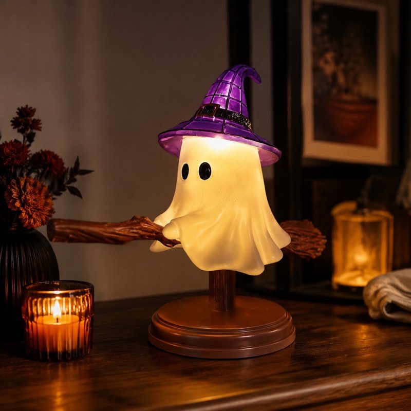 Halloween Ghost on Broomstick Night Light - Gothic Stained Glass LED Table Lamp for Bedroom & Decor