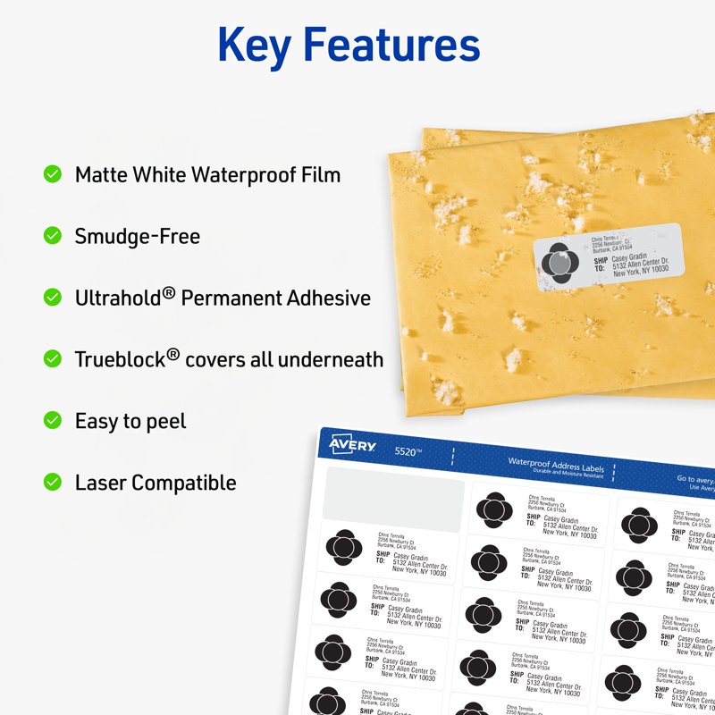 Waterproof Address Labels 1" x 2-5/8" White 1500 Count - Durable Laser & Inkjet Stickers