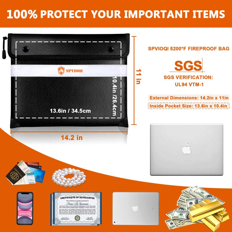 Fireproof Document & Cash Bag 5200°F Insulated Waterproof Safe Storage Pouch
