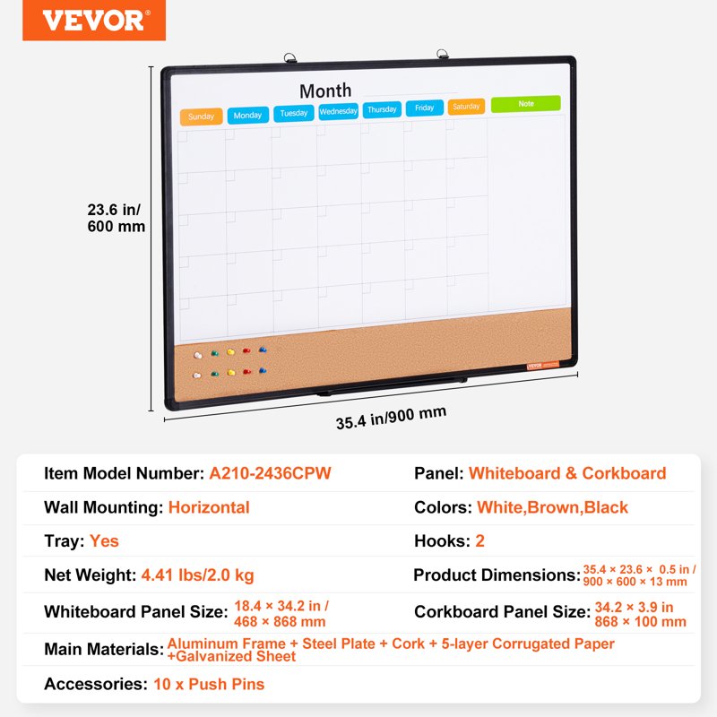 36x24 Inch Magnetic Whiteboard & Cork Board Combo with Aluminum Frame – Wall Mount Bulletin Board for Office & Home