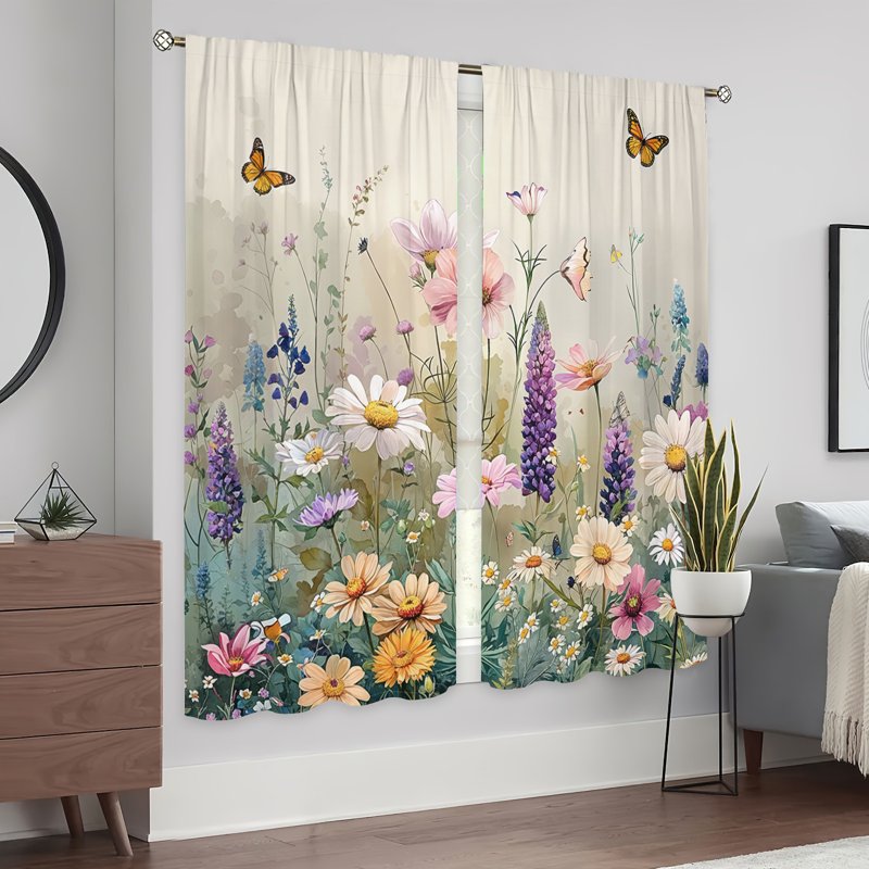 Rustic Wildflower & Weed Light-Filtering Curtains Set of 2 for Bedroom & Living Room