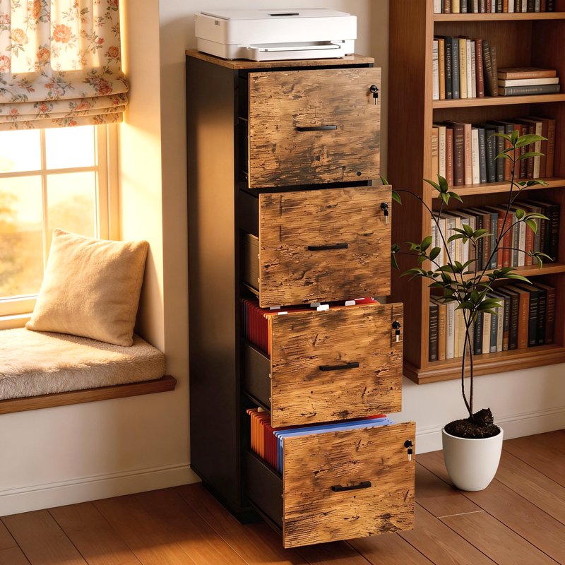 Wood Lateral File Cabinet with Lock for Home Office - Adjustable & Lockable, Brown