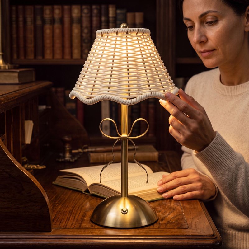 Cordless Rattan LED Table Lamp with Touch Dimming & USB Rechargeable Nightstand Light for Bedroom & Living Room