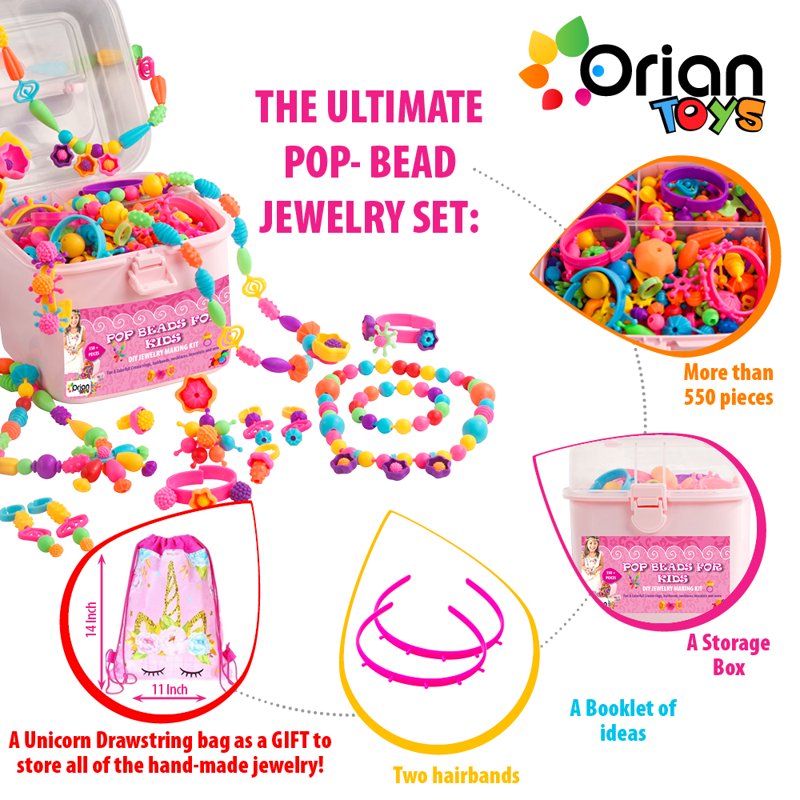 Kids Jewelry Making Kit with 550+ Beads and Storage Bag - Creative Craft Set for Girls