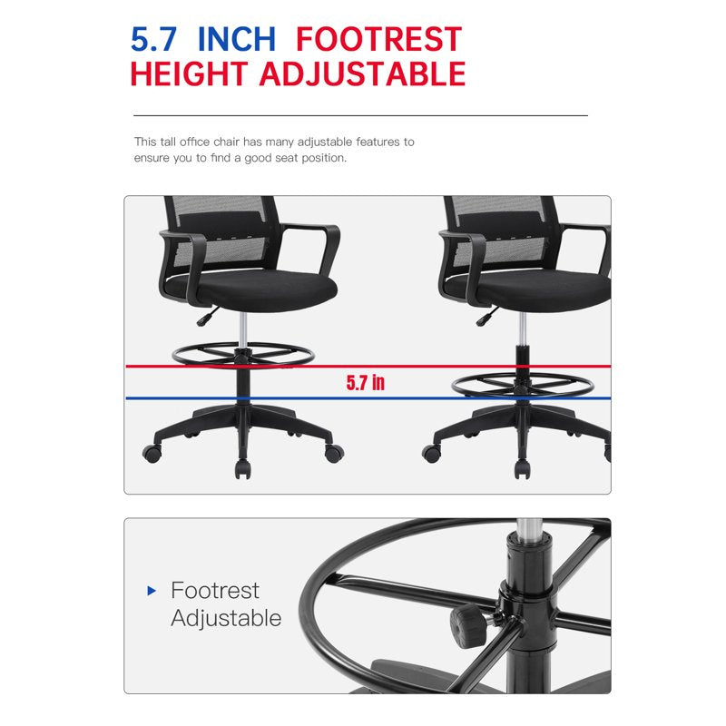 Adjustable Drafting Office Chair with Lumbar Support and Swivel Base - Ergonomic Mesh Seat