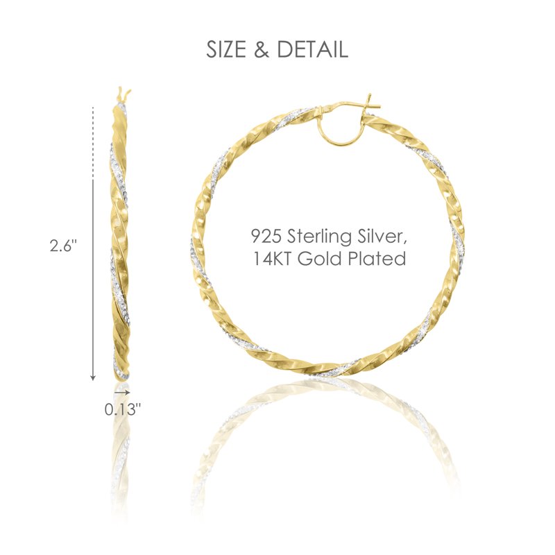 14K Gold Plated Sterling Silver Large Hoop Earrings with Crystals - 65mm