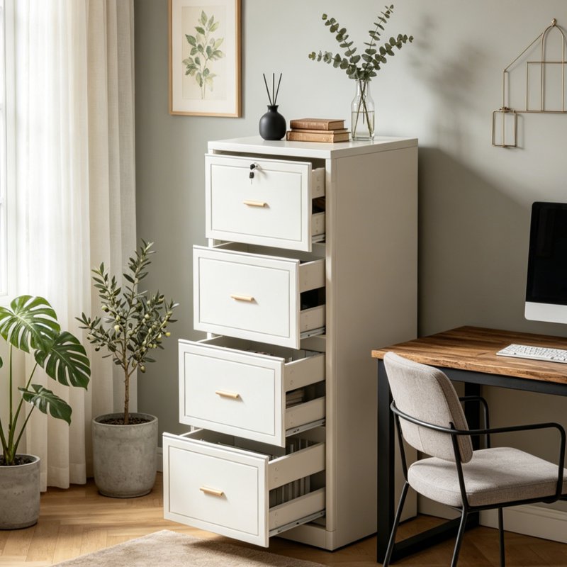 Four-Drawer Vertical File Cabinet with Lock - Office Document Organizer, Heavy Duty, White